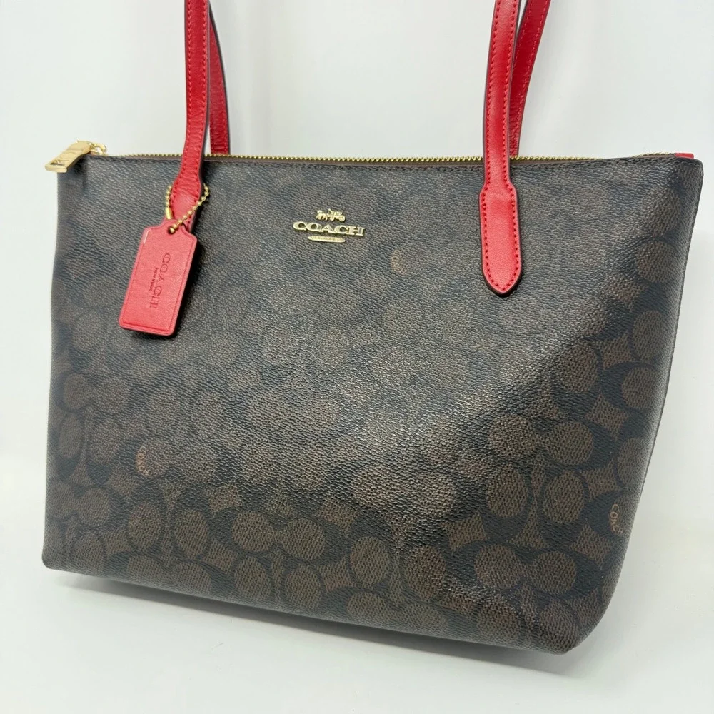 Coach Zip Top Tote Signature Canvas Brown Red CX611 Shoulder Bag